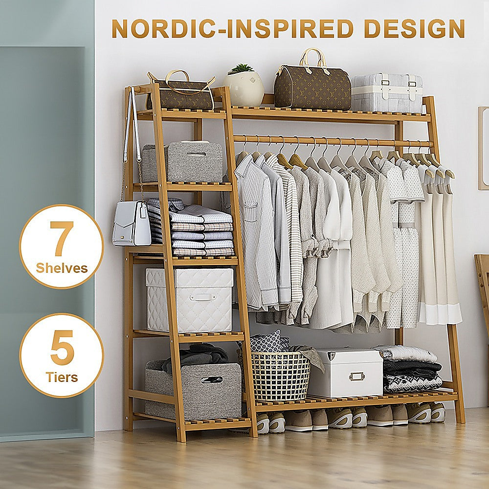 Portable Clothes Rack Coat Garment Stand Bamboo Rail Hanger Airer Closet V63-835951