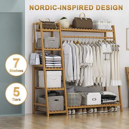 Portable Clothes Rack Coat Garment Stand Bamboo Rail Hanger Airer Closet V63-835951