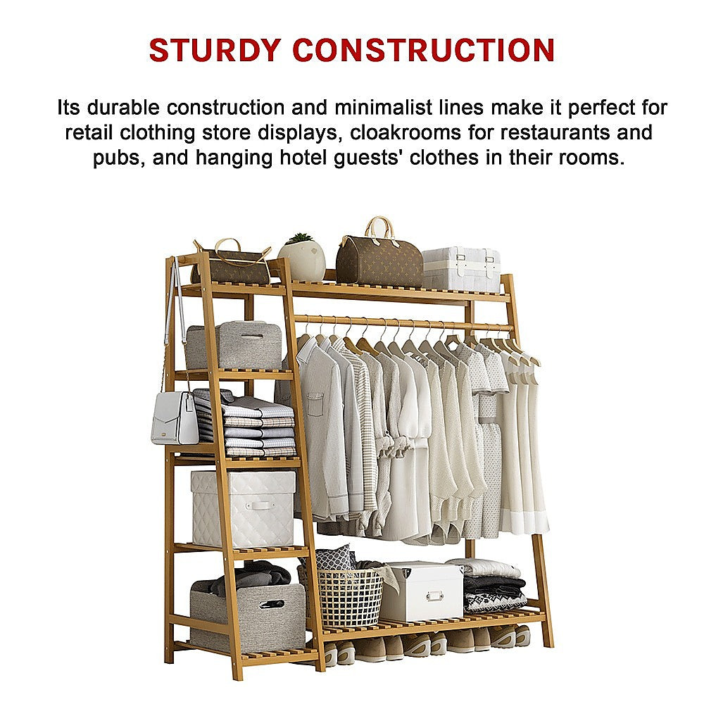 Portable Clothes Rack Coat Garment Stand Bamboo Rail Hanger Airer Closet V63-835951