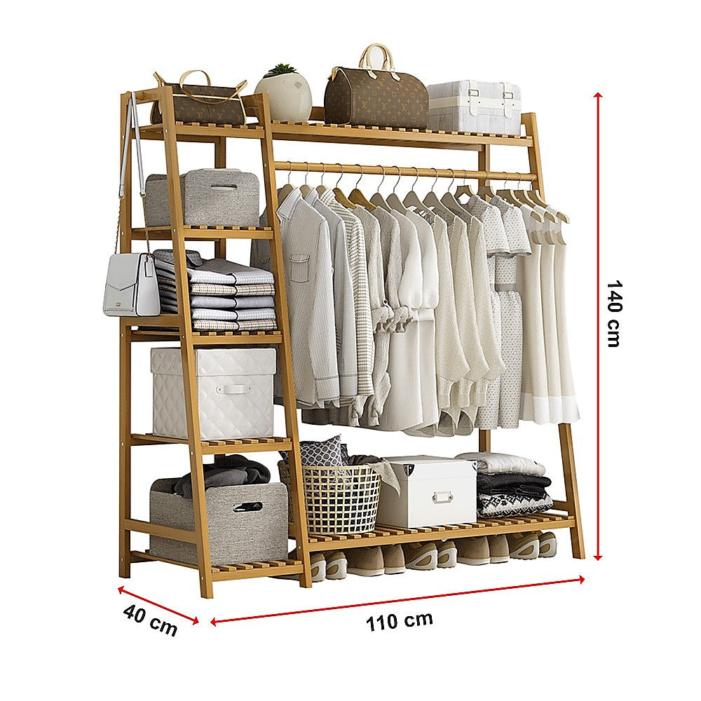 Portable Clothes Rack Coat Garment Stand Bamboo Rail Hanger Airer Closet V63-835951