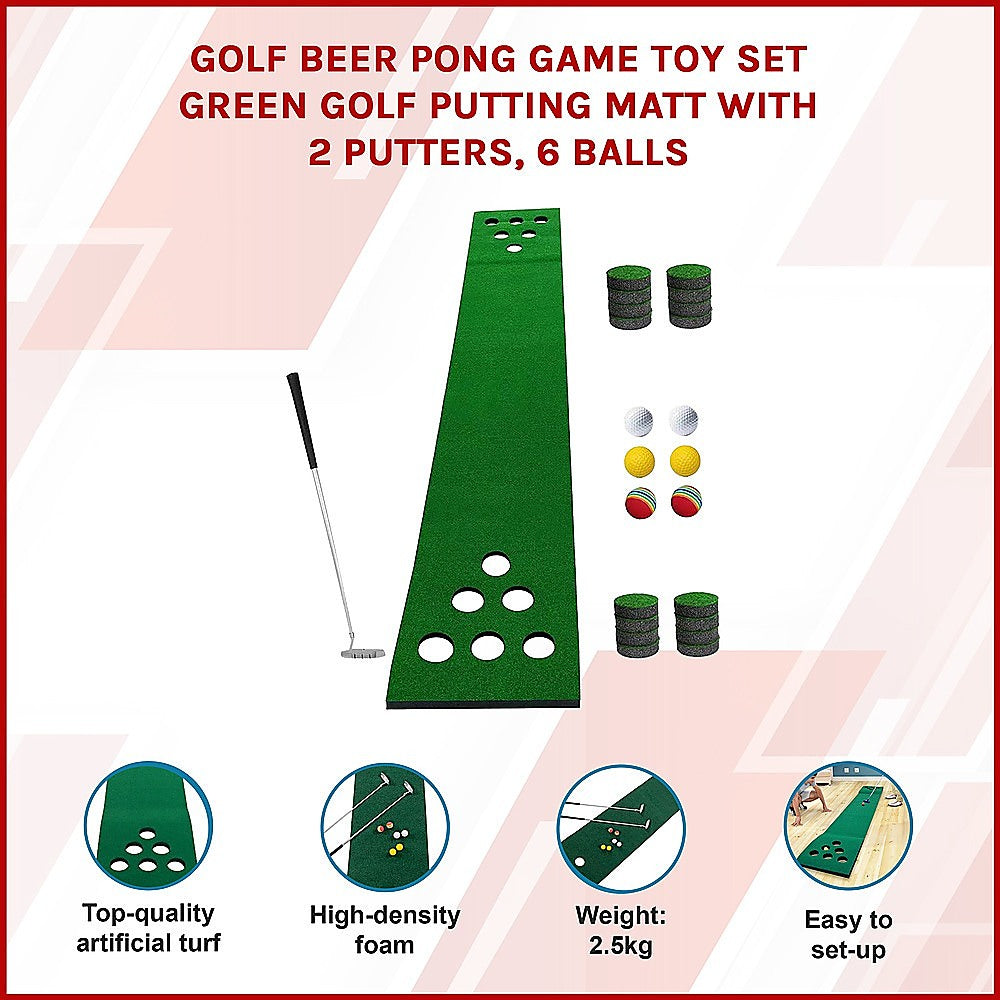 Golf Beer Pong Game Toy Set Green Golf Putting Matt with 2 Putters, 6 Balls V63-835971