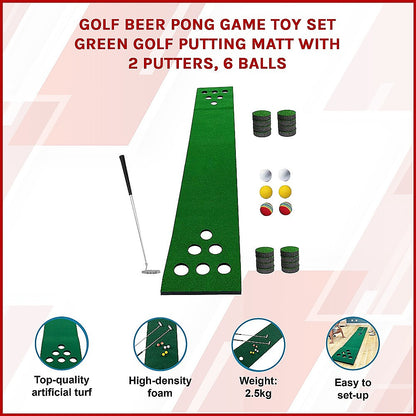 Golf Beer Pong Game Toy Set Green Golf Putting Matt with 2 Putters, 6 Balls V63-835971