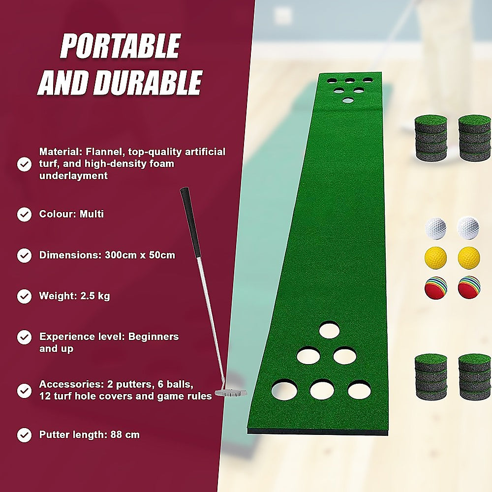 Golf Beer Pong Game Toy Set Green Golf Putting Matt with 2 Putters, 6 Balls V63-835971