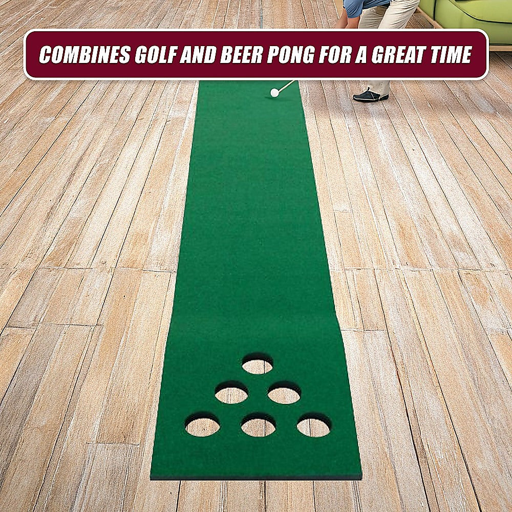 Golf Beer Pong Game Toy Set Green Golf Putting Matt with 2 Putters, 6 Balls V63-835971
