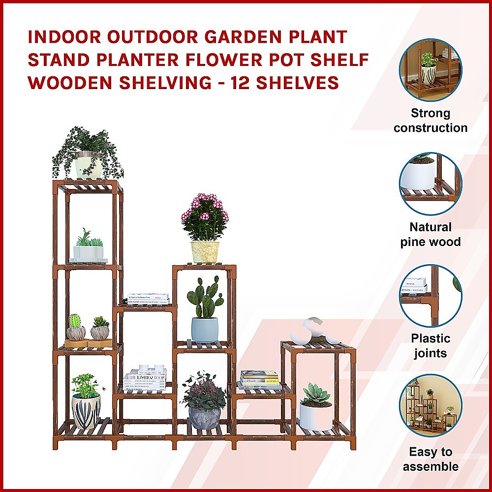 Indoor Outdoor Garden Plant Stand Planter Flower Pot Shelf Wooden Shelving - 12 Shelves V63-836011