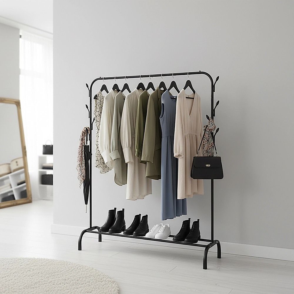 Closet Organizer Metal Garment Rack Portable Clothes Hanger Storage Shoes Rack Black V63-836111