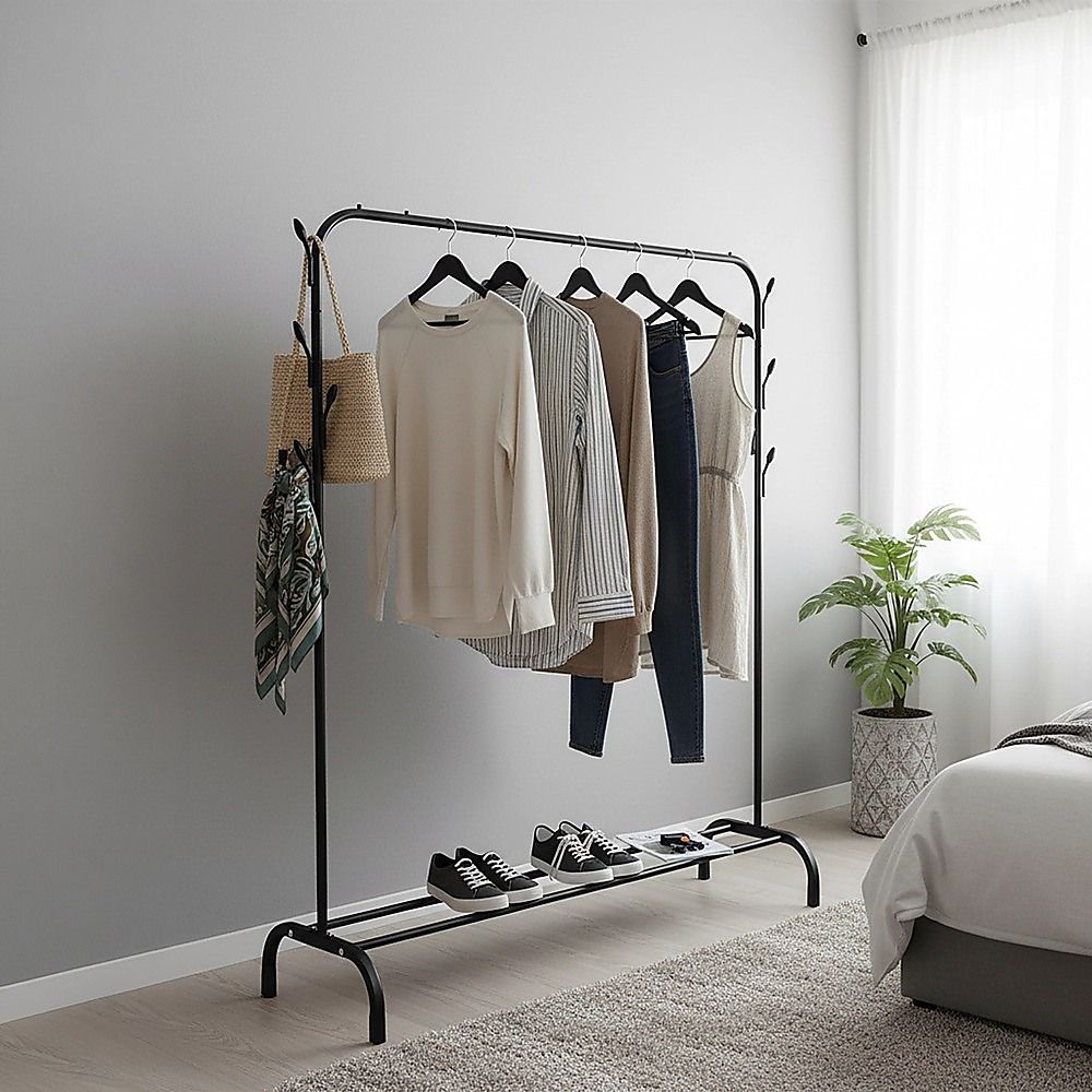 Closet Organizer Metal Garment Rack Portable Clothes Hanger Storage Shoes Rack Black V63-836111