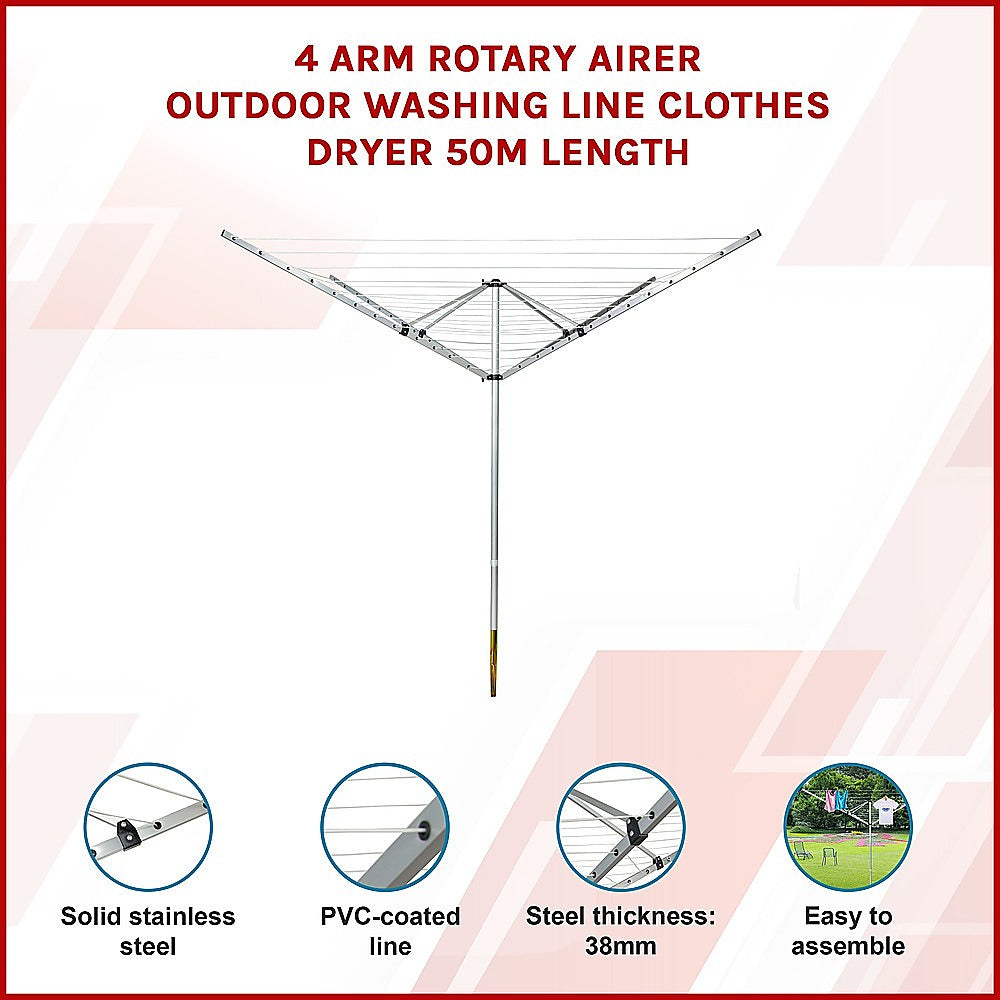 4 Arm Rotary Airer Outdoor Washing Line Clothes Dryer 50m Length V63-836191