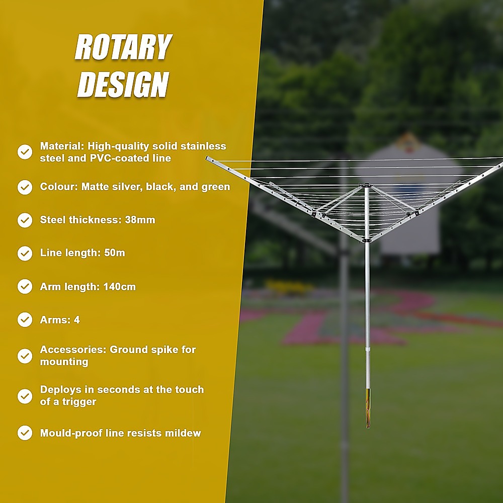 4 Arm Rotary Airer Outdoor Washing Line Clothes Dryer 50m Length V63-836191