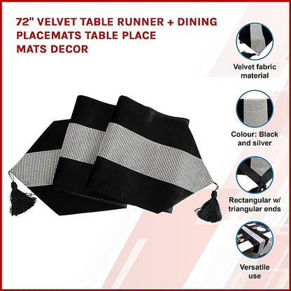 72" Velvet Table Runner + Dining Placemats Table Place Mats Decor V63-836461