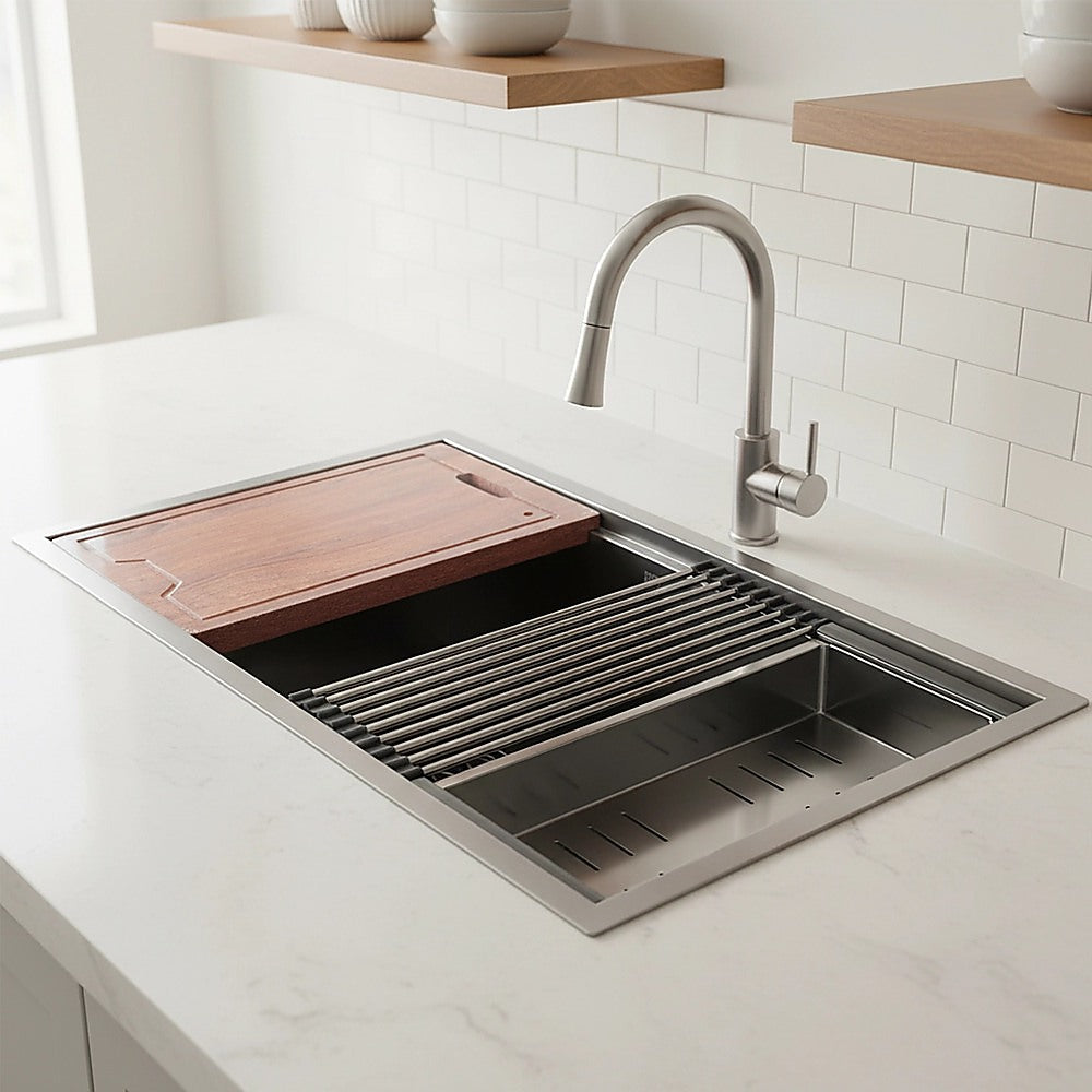 BRIENZ 32-inch Nano Workstation Ledge Undermount 16 Gauge Stainless Steel Kitchen Sink Single Bowl V63-836481