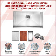 BRIENZ 32-inch Nano Workstation Ledge Undermount 16 Gauge Stainless Steel Kitchen Sink Single Bowl V63-836481
