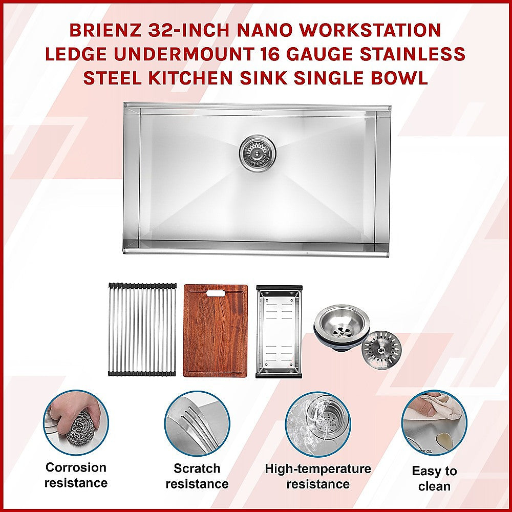 BRIENZ 32-inch Nano Workstation Ledge Undermount 16 Gauge Stainless Steel Kitchen Sink Single Bowl V63-836481