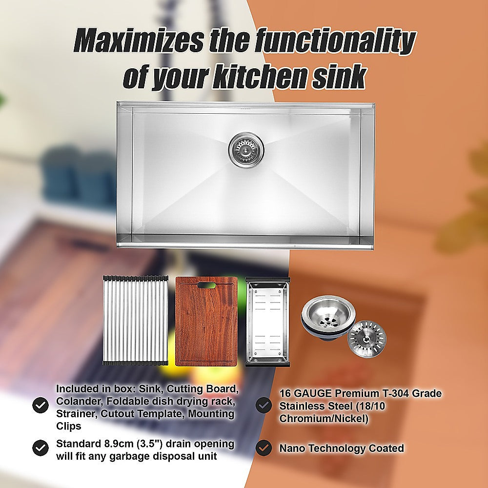 BRIENZ 32-inch Nano Workstation Ledge Undermount 16 Gauge Stainless Steel Kitchen Sink Single Bowl V63-836481