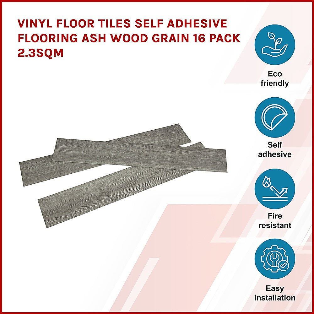 Vinyl Floor Tiles Self Adhesive Flooring Wood Grain Ash Look 16 Pack 2.3SQM