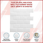 Tiles 3D Peel and Stick Wall Tile Subway White (30 x 30cm x 10 sheets) V63-836591