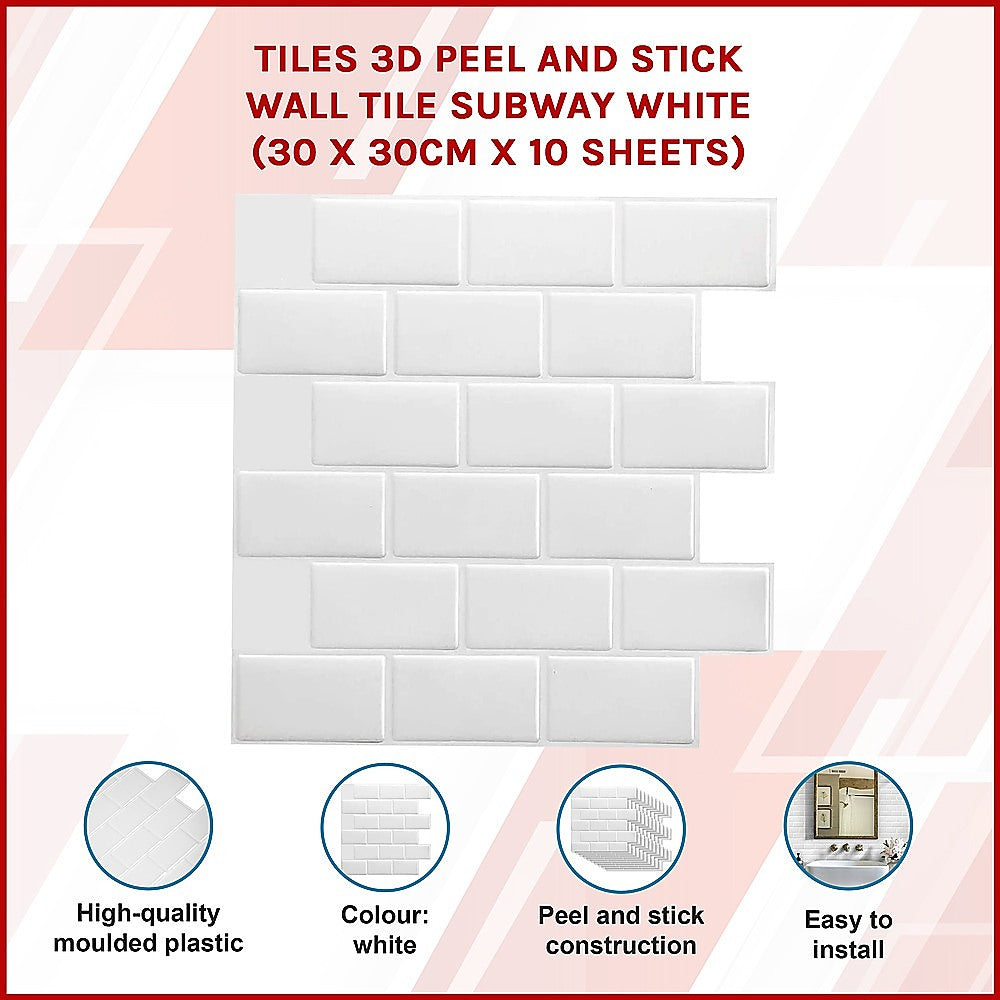 Tiles 3D Peel and Stick Wall Tile Subway White (30 x 30cm x 10 sheets) V63-836591