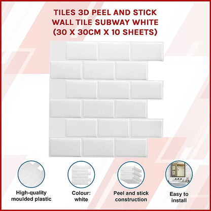 Tiles 3D Peel and Stick Wall Tile Subway White (30 x 30cm x 10 sheets) V63-836591