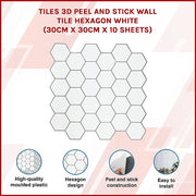 Tiles 3D Peel and Stick Wall Tile Hexagon White (30cm x 30cm x 10 sheets) V63-836601