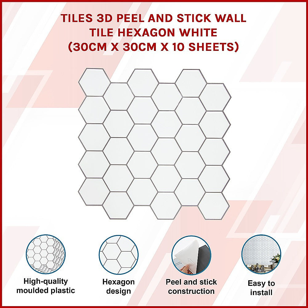 Tiles 3D Peel and Stick Wall Tile Hexagon White (30cm x 30cm x 10 sheets) V63-836601