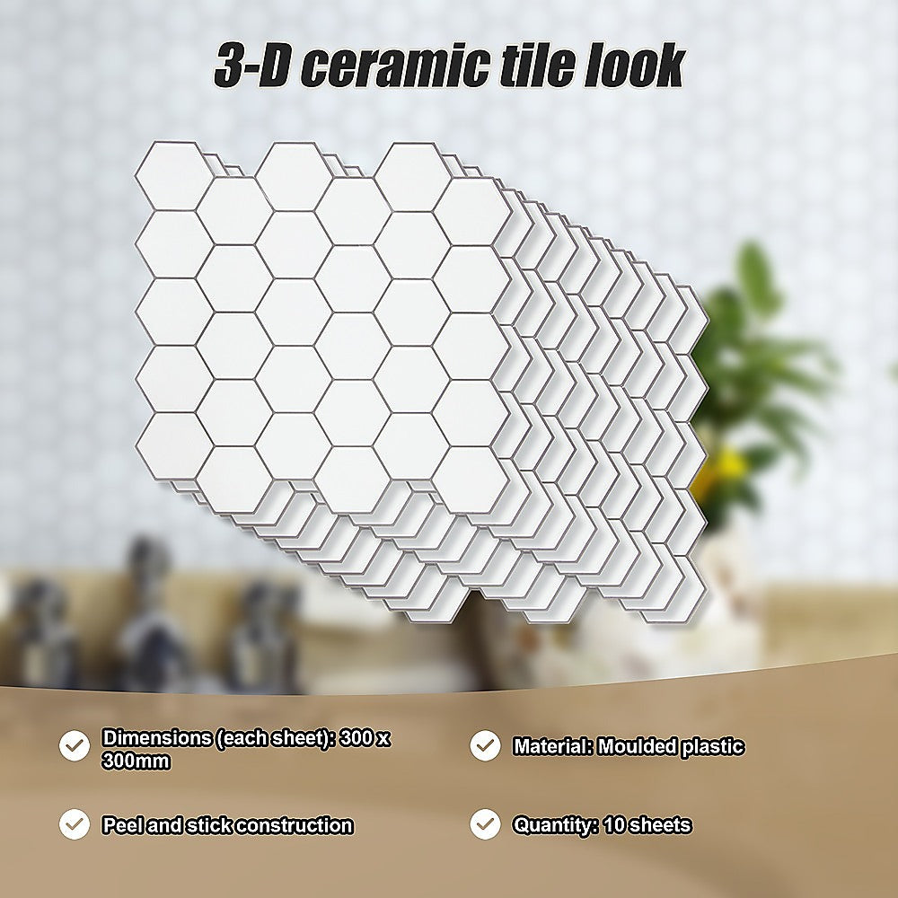 Tiles 3D Peel and Stick Wall Tile Hexagon White (30cm x 30cm x 10 sheets) V63-836601