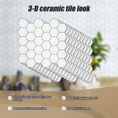Tiles 3D Peel and Stick Wall Tile Hexagon White (30cm x 30cm x 10 sheets) V63-836601