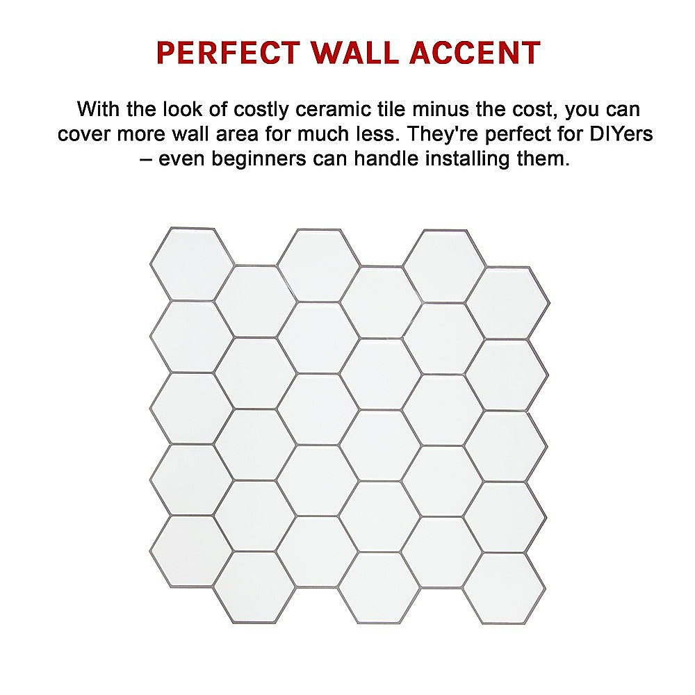 Tiles 3D Peel and Stick Wall Tile Hexagon White (30cm x 30cm x 10 sheets) V63-836601