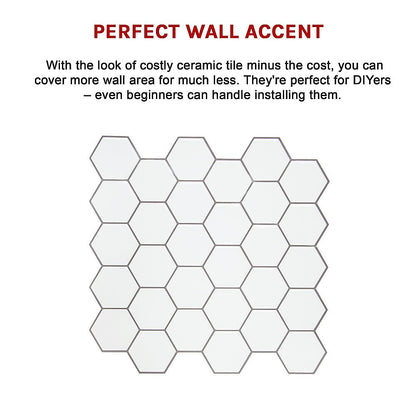 Tiles 3D Peel and Stick Wall Tile Hexagon White (30cm x 30cm x 10 sheets) V63-836601