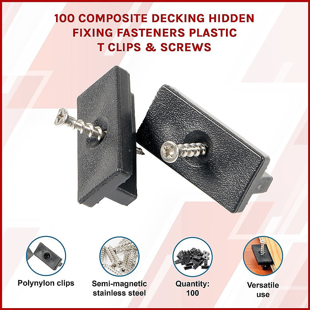 100 Composite Decking Hidden Fixing Fasteners Plastic T Clips & Screws V63-836621