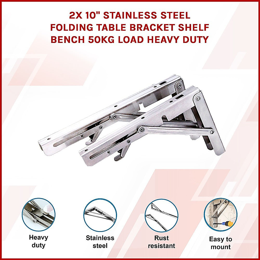 2x 10" Stainless Steel Folding Table Bracket Shelf Bench 50kg Load Heavy Duty V63-836661