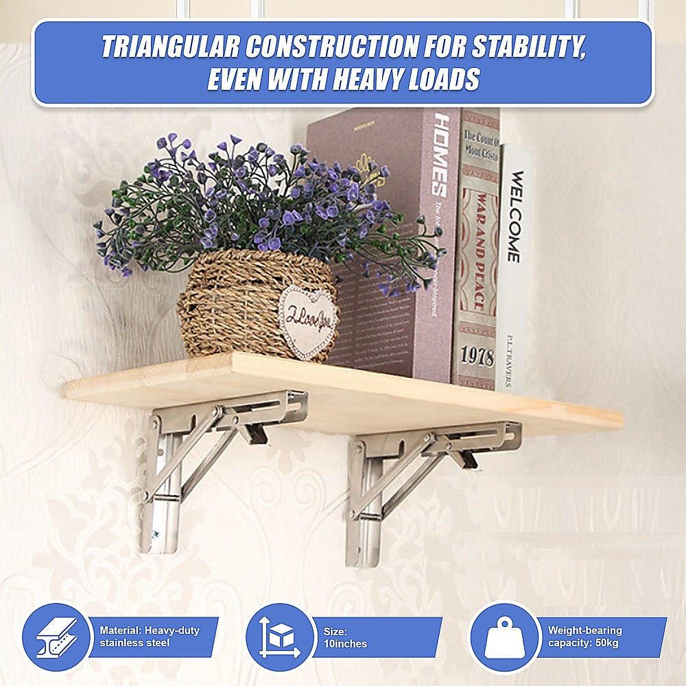 2x 10" Stainless Steel Folding Table Bracket Shelf Bench 50kg Load Heavy Duty V63-836661