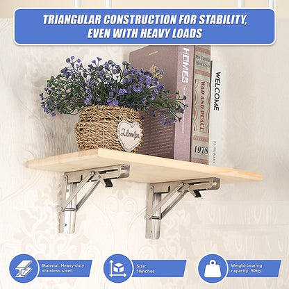 2x 10" Stainless Steel Folding Table Bracket Shelf Bench 50kg Load Heavy Duty V63-836661