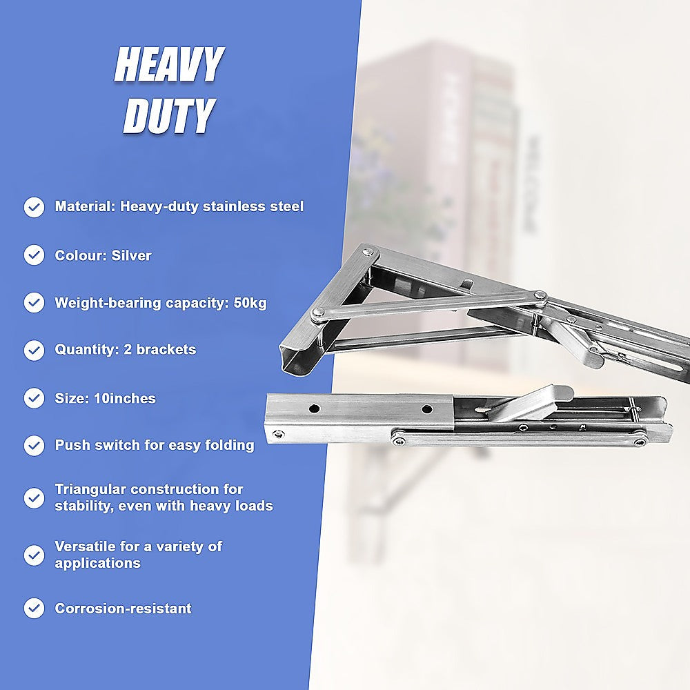 2x 10" Stainless Steel Folding Table Bracket Shelf Bench 50kg Load Heavy Duty V63-836661