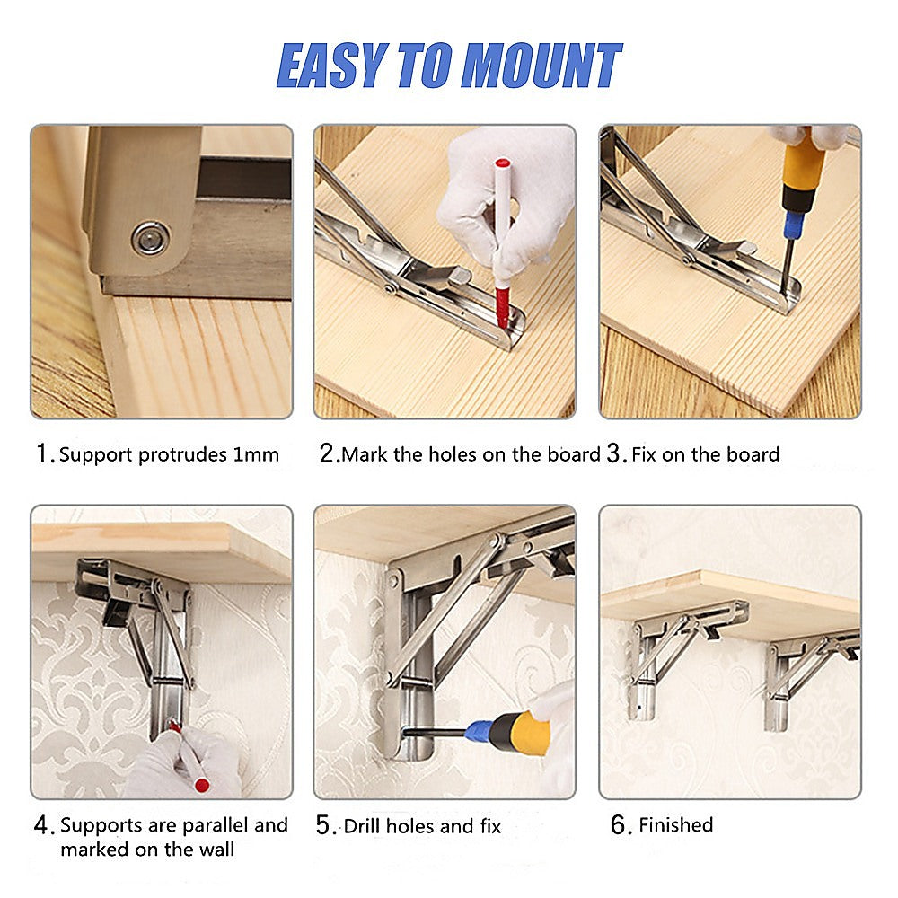 2x 10" Stainless Steel Folding Table Bracket Shelf Bench 50kg Load Heavy Duty V63-836661