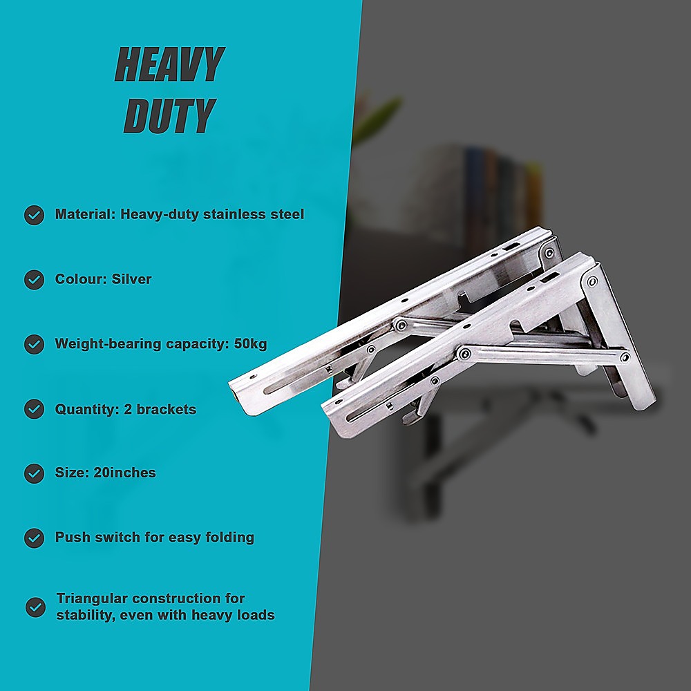 2x 20" Stainless Steel Folding Table Bracket Shelf Bench 50kg Load Heavy Duty V63-836671