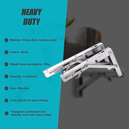 2x 20" Stainless Steel Folding Table Bracket Shelf Bench 50kg Load Heavy Duty V63-836671