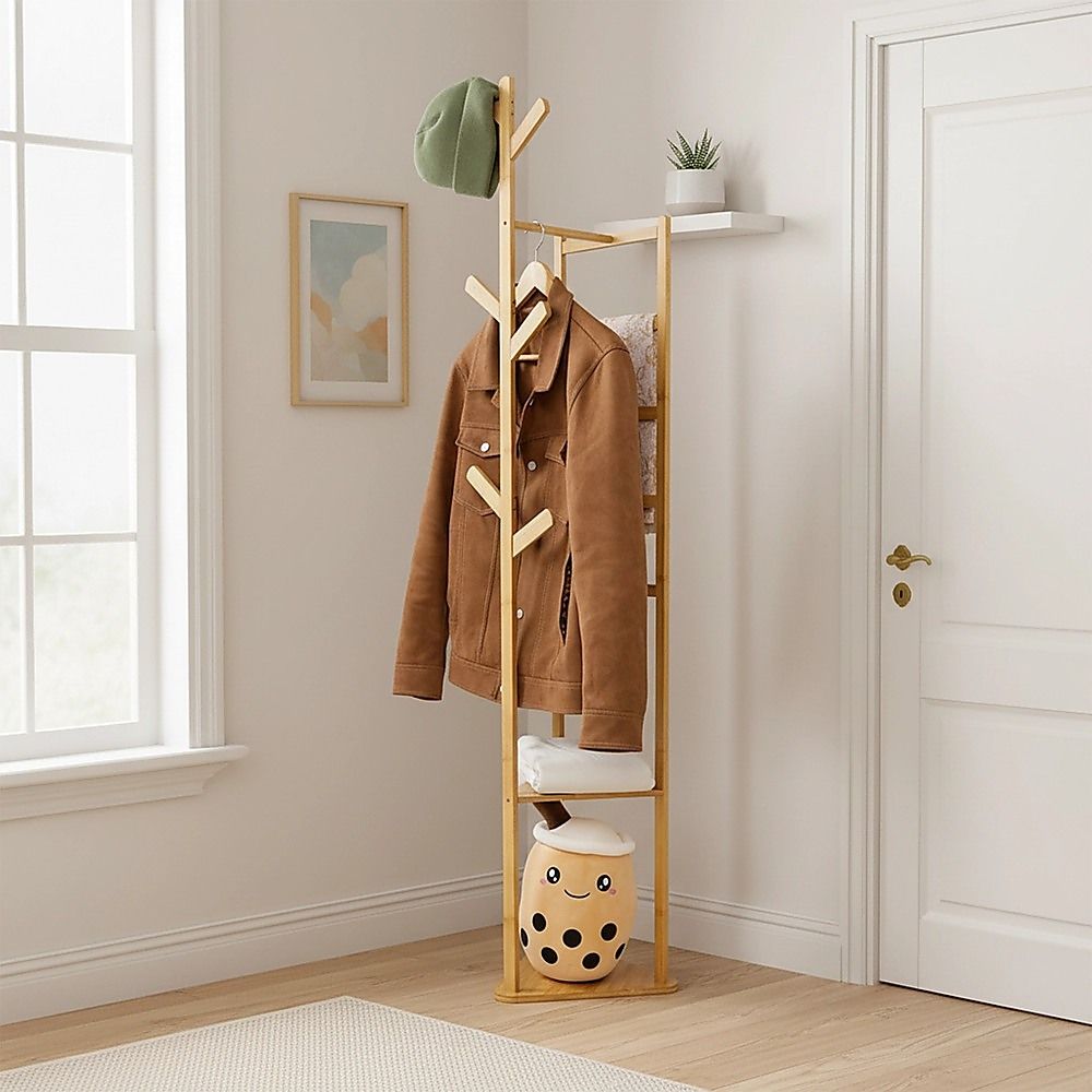 Clothes Coat Rack Garment Stand Shelf Wooden Tree Hanger Bag Hat Hook Holder V63-836771