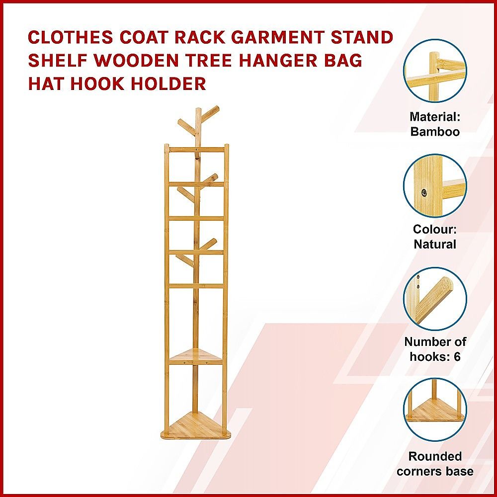 Clothes Coat Rack Garment Stand Shelf Wooden Tree Hanger Bag Hat Hook Holder V63-836771