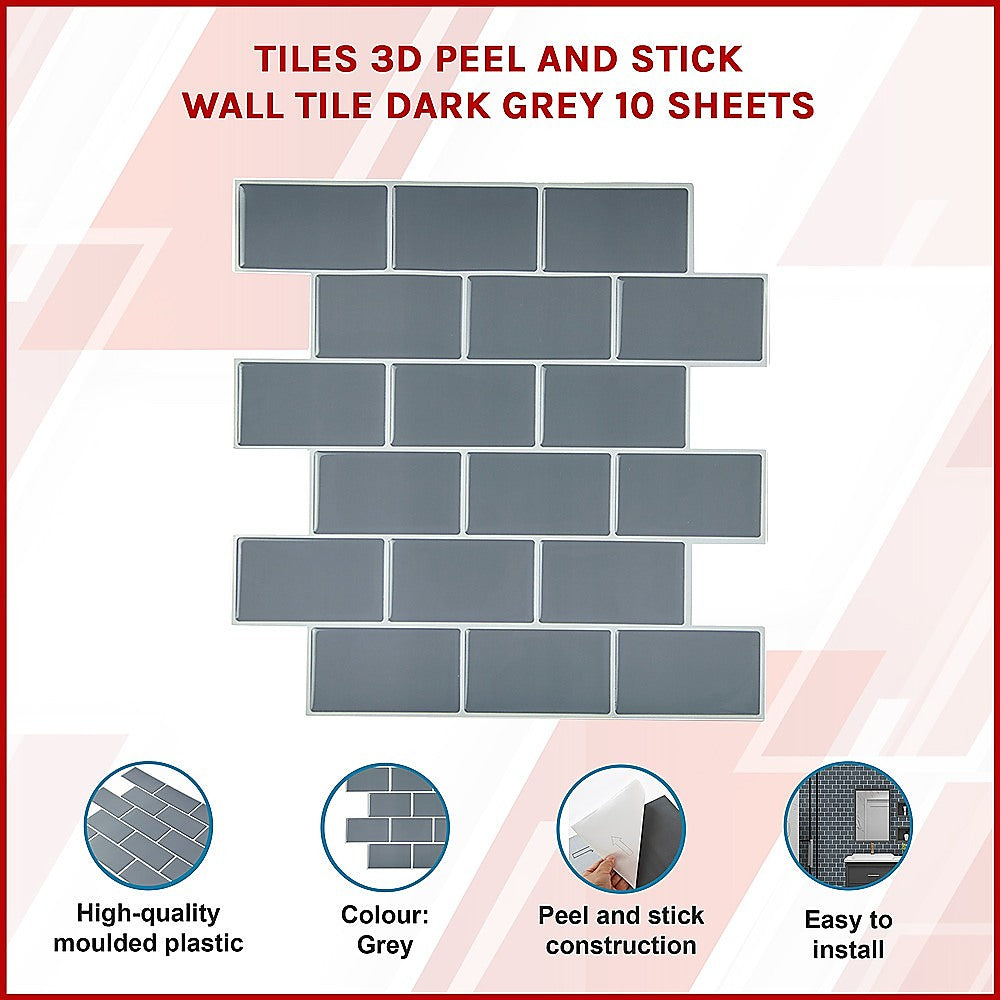 Tiles 3D Peel and Stick Wall Tile Dark Grey 10 Sheets V63-837071
