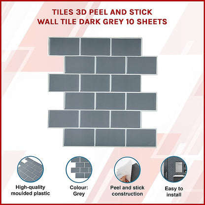 Tiles 3D Peel and Stick Wall Tile Dark Grey 10 Sheets V63-837071