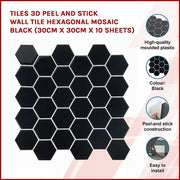 Tiles 3D Peel and Stick Wall Tile Hexagonal Mosaic Black 10 Sheets V63-837081