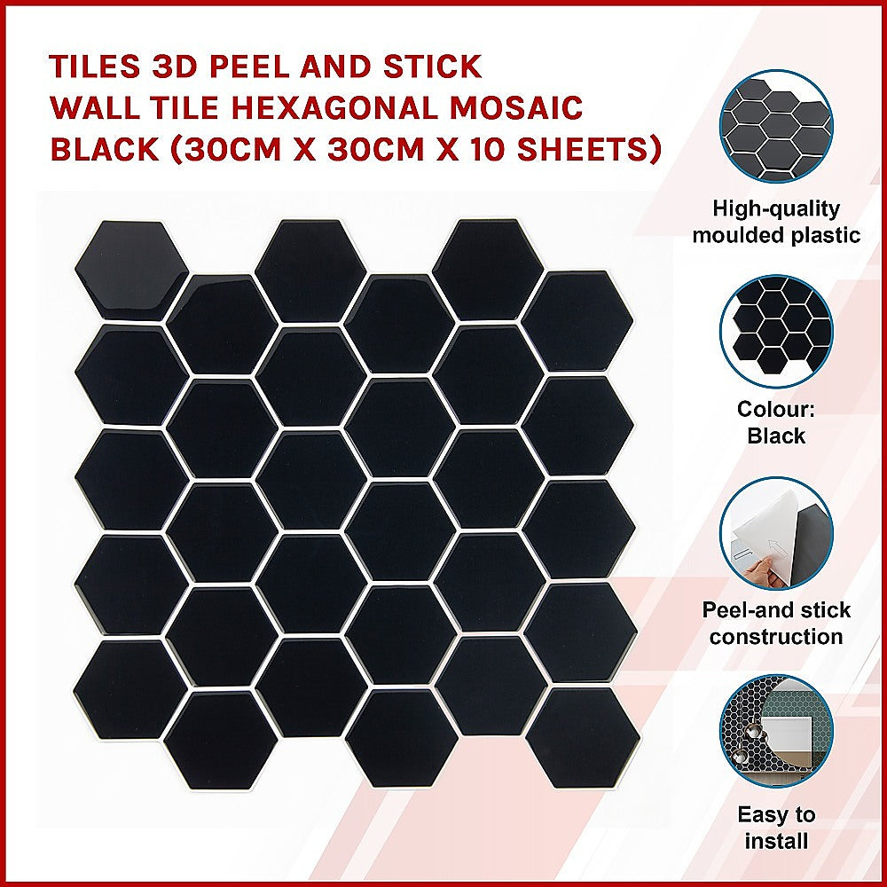 Tiles 3D Peel and Stick Wall Tile Hexagonal Mosaic Black 10 Sheets V63-837081