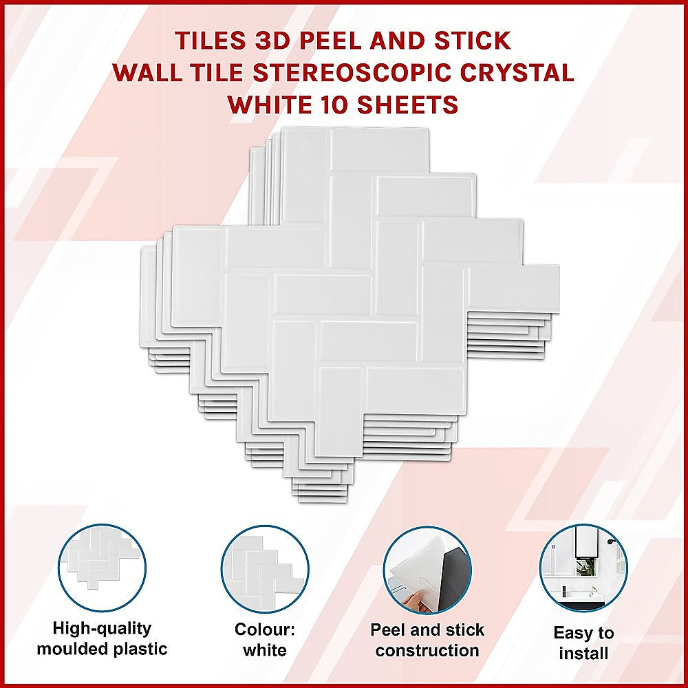Tiles 3D Peel and Stick Wall Tile Herringbone White 10 Sheets V63-837091