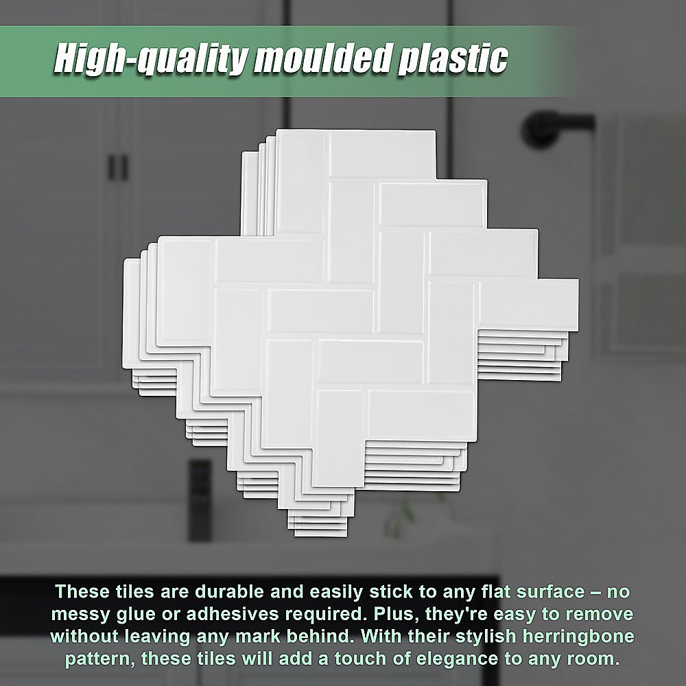 Tiles 3D Peel and Stick Wall Tile Herringbone White 10 Sheets V63-837091