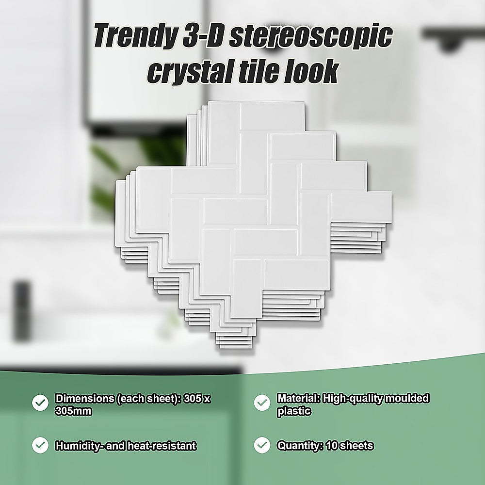 Tiles 3D Peel and Stick Wall Tile Herringbone White 10 Sheets V63-837091
