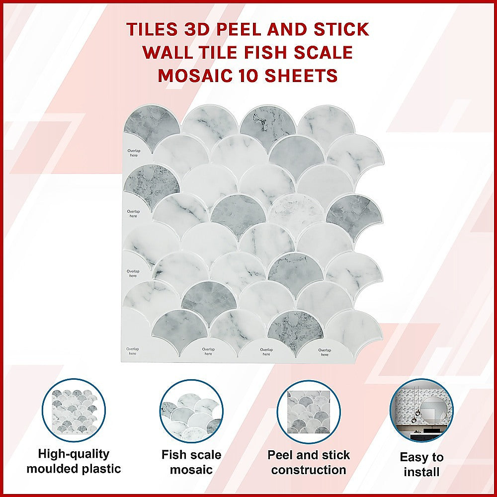 Tiles 3D Peel and Stick Wall Tile Fish Scale Mosaic 10 Sheets V63-837111