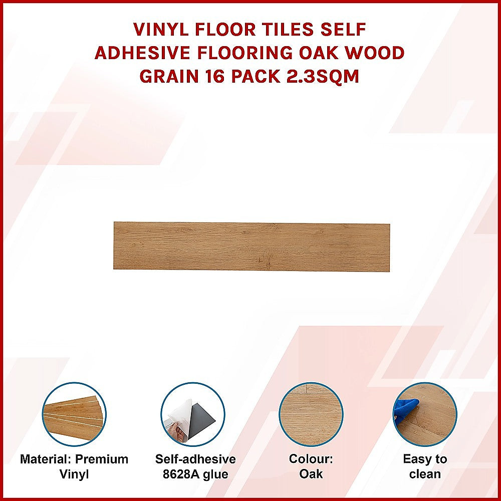 Vinyl Floor Tiles Self Adhesive Flooring Oak Look Wood Grain 16 Pack 2.3SQM