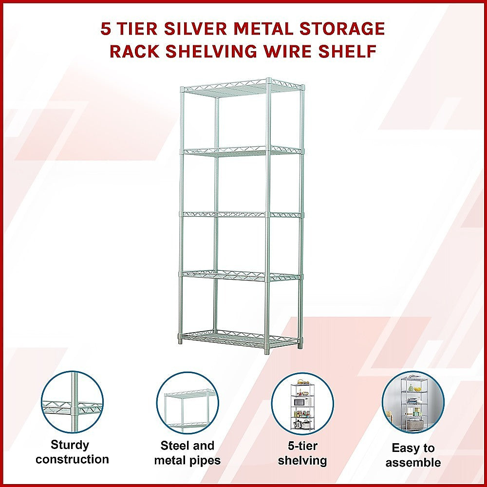 5 Tier Silver Metal Storage Rack Shelving Wire Shelf V63-837161