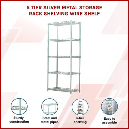 5 Tier Silver Metal Storage Rack Shelving Wire Shelf V63-837161