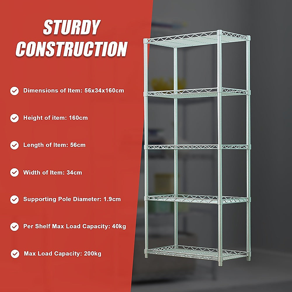 5 Tier Silver Metal Storage Rack Shelving Wire Shelf V63-837161